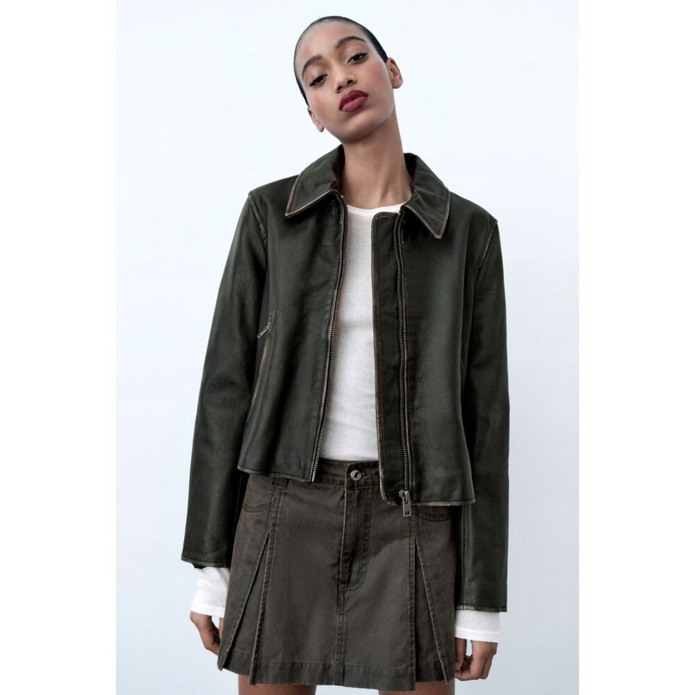 Black Brown Zara 100% Leather Distressed Vintage-Look Zipper Moto Jacket (NWT) - Picture 2 of 10